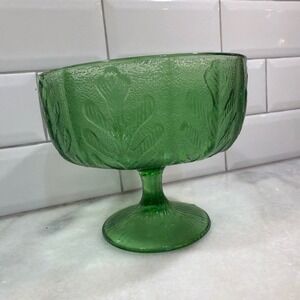 VINTAGE 1978 FTD Green Glass Footed Compote‎ OAK LEAF Candy Dish/Vase ES051